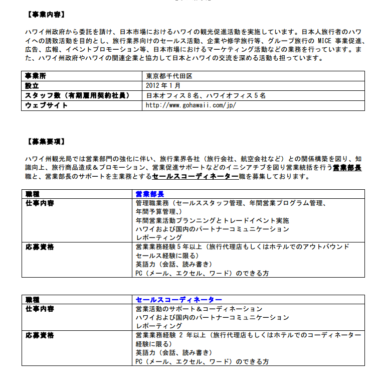 ハワイ州政府観光局の過去求人案件