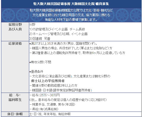 韓国総領事館の求人情報